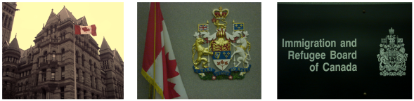 row of three images: a Canadian government buildling; an official coat of arms or seal of the Immigration and Refugee Board of Canada; and a close up of the same seal with the institution's name