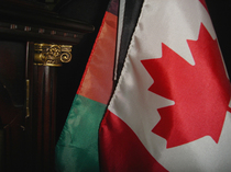 the flag of canada next to an ornate column